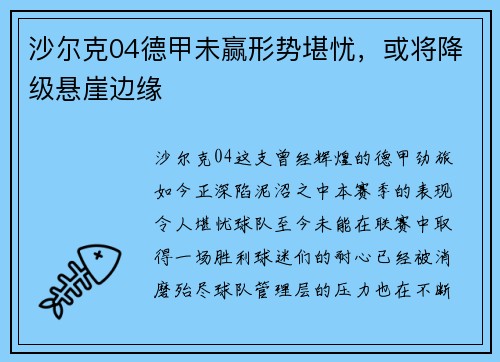 沙尔克04德甲未赢形势堪忧，或将降级悬崖边缘