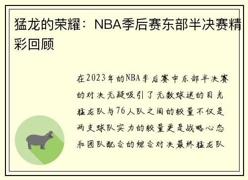 猛龙的荣耀：NBA季后赛东部半决赛精彩回顾